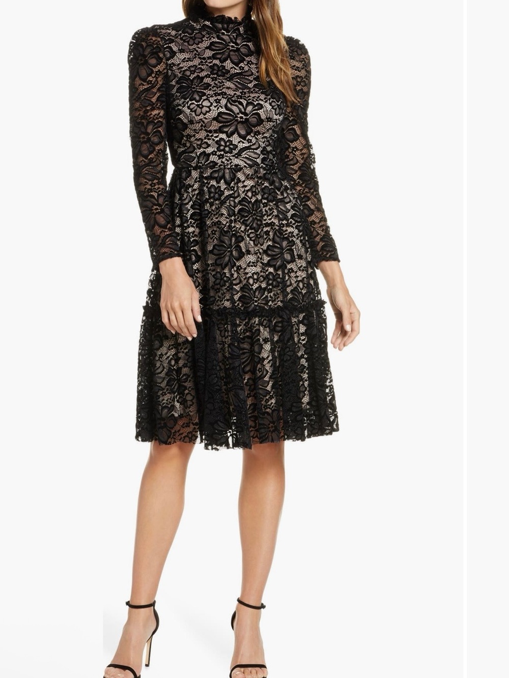 Eliza J Black Floral Lace Long-Sleeve Midi Dress